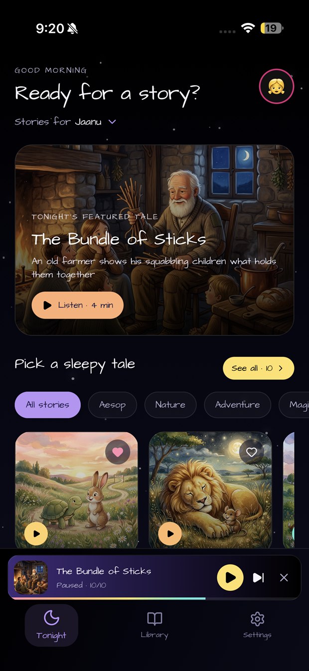 The Amuzzin home screen on a phone: a good-morning greeting, tonight’s featured tale with a Listen button, and a shelf of illustrated story covers.